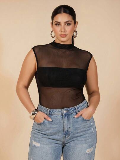 SHEIN BAE CURVE Áo liền thân gợi cảm phối lưới màu trơn dành cho nữ cỡ lớn