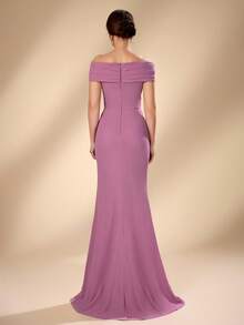 Serin Gaun Pengantin/Ibu Pengantin/Ibu Pengantin Model Duyung Asimetris Berwarna Merah Muda Pucat Elegan dengan Detail Kerutan di Bahu dan Hiasan Bros Berlian Imitasi serta Belahan Depan, Cocok untuk Acara Pernikahan. - Berwarna merah muda - View 4