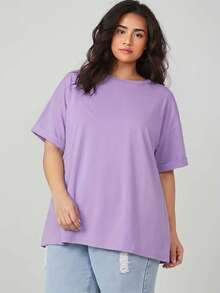 SHEIN BASICS 大码女式纯色圆领短袖休闲宽松T恤 - 紫色 - 查看 6