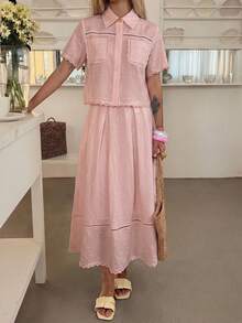 DAZY Spring/Summer Women's Elegant Lace Patchwork Pocket Shirt And Skirt 2 Pieces Set - Pink - View 5
