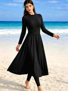 Swim Mulvari Swim Shayni Two Pieces Elegant Waist Inched Long Sleeve Vacation Swimwear Includes Swimwear Pants Vacation Set - Black - View 3