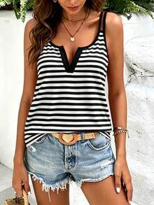 EMERY ROSE Black & White Striped Cutout Neck Camisole Top, Suitable For Vacation, Plus Size - Multicolor - View 1