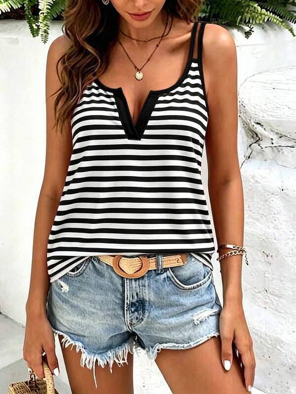 EMERY ROSE Black & White Striped Cutout Neck Camisole Top, Suitable For Vacation, Plus Size