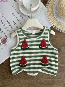SHEIN LMoss Kids 女童西瓜图案条纹圆领休闲背心 - 綠色 - 查看 3