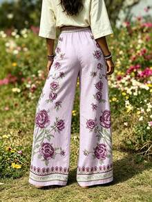EMERY ROSE Plus Size Women's Bohemian Style Casual Floral Print Wide Leg Pants Fall - Multicolor - View 2