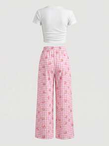 Tween Girls Printed T-Shirt & Leggings 2 Pieces Set, Casual Daily Fashion Versatile Pink Strawberry Pattern, Pink Checkered Strawberry Print - Multicolor - View 2