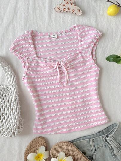 SHEIN Tween Girls Pink And White Striped Knit Textured T-Shirt,Summer Casual Ruched Bust Sweet Preppy Style Top,Y2K Fashion Back To School Holiday Wear