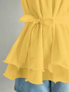 Lalippa Summer Sweet Ruffled Hem Solid Color Camisole, Tie Waist, Suitable For Vacation Wear - Yellow - View 6