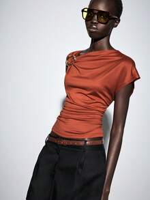 Lumivelle Women's Summer Metal Buckle Decor T-Shirt, Waist Ruched Slim Fit Casual Sexy Daily Night Out Party Rusty Orange - Redwood - View 4