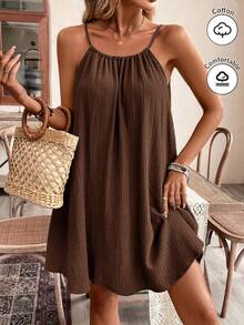 SHEIN Frenchy 夏季女士吊带波西米亚风连衣裙，必备单品，夏季穿搭，婚礼季必备，田园风抽绳连衣裙，女士棉质连衣裙 - 咖啡棕 - 查看 2