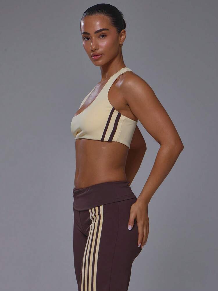 Musera Sport Áo thể thao dáng ngắn cổ tròn, kẻ sọc bên hông, kiểu racer back, chất liệu mềm mại, thích hợp mặc hàng ngày, tập luyện thể thao, tập gym, pilates, thể dục. - Vàng nhạt - Xem 3