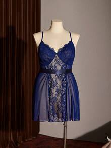 Slumberist Plus Size Women's Sexy Lace Camisole Nightgown: Sheer Mesh With Sexy Lace, Waist Satin Ribbon Intimate Sexy Sleepwear - Navy Blue - View 7