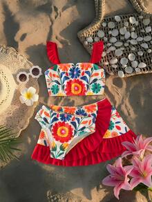 SHEIN Bộ đồ bơi in hoa cho bé gái gồm áo khoác ngoài và váy, thích hợp cho kỳ nghỉ biển. - Nhiều màu - Xem 2