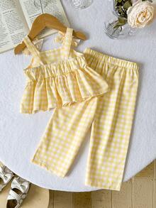SHEIN 2件套女婴幼儿/新生儿0-3岁休闲日常可爱格子蝴蝶结雏菊印花吊带背心+短裤套装，春夏款 - 彩色 - 查看 6