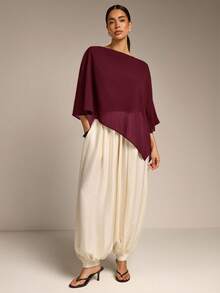 COSMINA Solid Color Casual Versatile Daily Shirt, Asymmetrical Hem Summer Sun Protection, Shawl Collar 's Women's Matching, - Burgundy - View 5