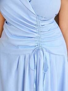 Vionelle Women's Light Blue Summer Elegant Wedding Brunch Guest Maxi Dress,French Lace Striped Sleeveless Deep Shirred Drawstring Ruched Waist A-Line Dress - Blue - View 6
