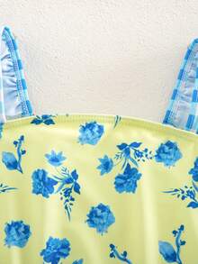 SHEIN Young Girl Cute Colorblock Floral & Plaid Print Bikini Set - Multicolor - View 6