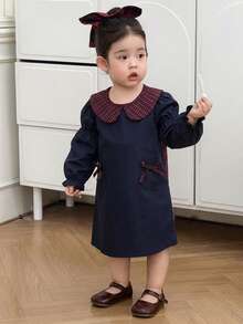 DAZY 女嬰韓式無袖彼得潘領洋裝 幼兒秋季款 - 藍色 - 查看 4