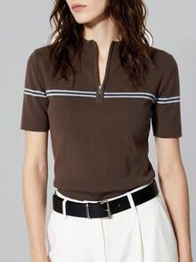 Dazy-Less Striped Contrast Color Stitching Business Casual Style Slim Fit Pullover Zipper Sweater Women's Knitted Top - Brown - View 8