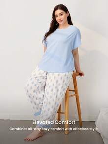 LUVLETTE Plus Size Natural Women's Cute Casual Light Blue Top & Patterned TrousersStyle Set Adorable Comfortable Lounge Wear Graphic - Blue - View 9