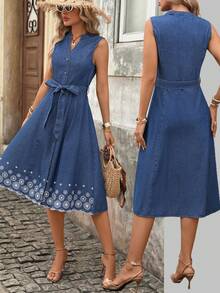 Brillora Women's Casual Blue And White Sleeveless Denim Dress,Summer Holiday Vacation Front Button Floral Embroidered Ribbon Waist-Cinching Elegant Party Dress - Medium Wash - View 2
