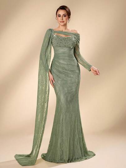 Serin Sage Green,Summer,Elegant,Formal,Evening,Wedding Luxurious Lace Patchwork Knit Bubble Rhinestone Sheer Sleeve Ruched Fishtail Bride&Mother Gowns