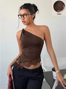 Siren Gaze 蕾丝拼接扭结单肩上衣，优雅修身女式上衣，嘉年华上衣，休闲夏季风，不对称肩部上衣，露背上衣，派对上衣，音乐节上衣 - 棕色 - 查看 4