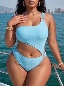 Slaydiva Plus Size Women Summer Hollow Ring One-Piece Swimsuit And Beach Skirt - Blue - View 5