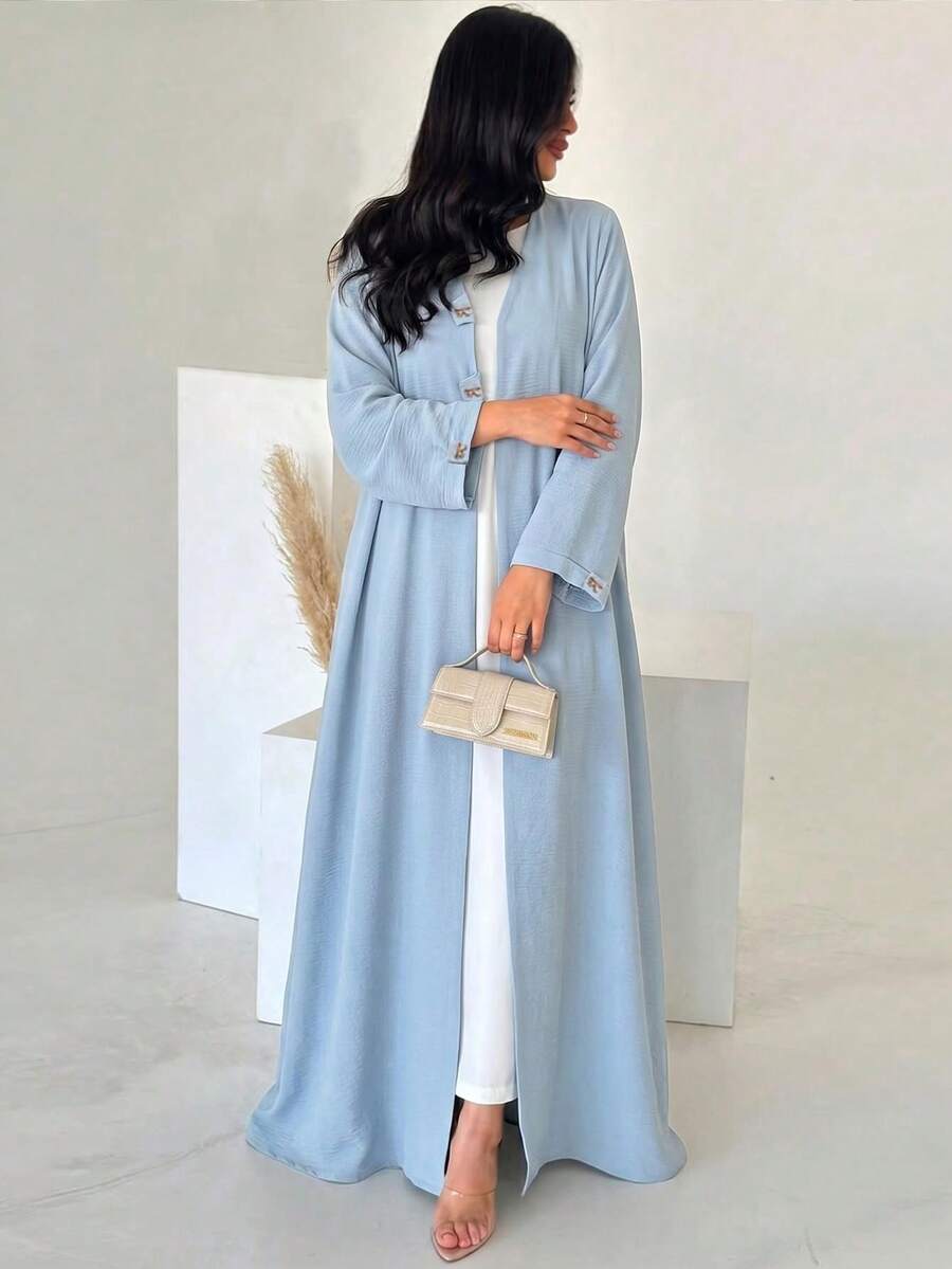 Yasmyna Casual Loose Butterfly Decor Long Sleeve Women Arabic Abaya - Blue - View 1