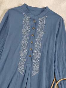 Rusticease Elegant Autumn Outfit For Women Dress Cotton Floral Pattern Long Sleeve Casual Modest Boho Embroidered White And Blue Floral Fall Decor - Blue - View 4