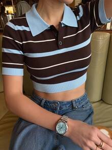 SHEIN EZwear Áo dệt kim ngắn ôm sát kẻ sọc tương phản dành cho nữ - Nhiều màu - Xem 7