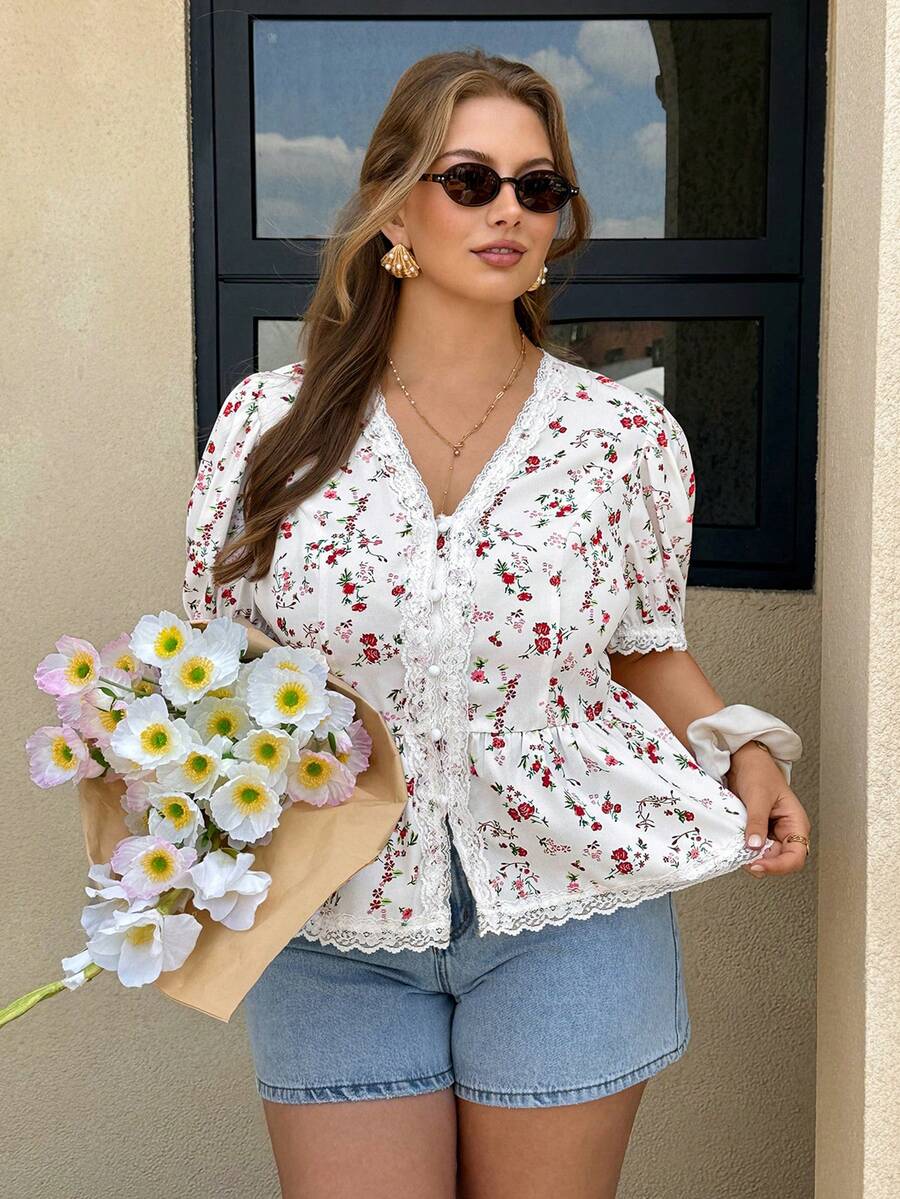 Easura Plus Size Women's Elegant Curve Kawaii Casual Ditsy Floral V-Neck Puff Sleeve Cinched Waist Loose Blouse, Versatile Summer Shirt Vacation White - Apricot - View 1