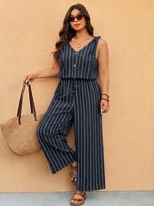 Elaquor Plus Size Summer Jumpsuit, Striped Wide Leg With Pockets Vacation Cruise Navy Blue Boho - Navy Blue - View 3