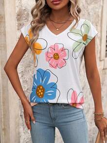EMERY ROSE Women Gradient V-Neck Short Sleeve Casual T-Shirt, Summer Graphic Tees Women Tops - Multicolor - View 3