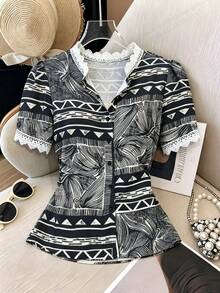 Écloséra Blusa de estilo francés retro con estampado floral en blanco y negro para mujer, camisa de manga farol holgada, top de verano, conjunto de verano versátil, camisa vintage, ropa de trabajo/oficina, top casual elegante, camisa de verano - Negro - Ver 7