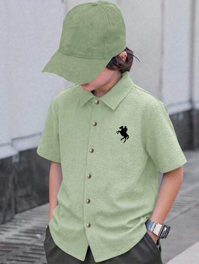 SHEIN Tween Boy Casual Minimalist Comfortable Polo Collar Short Sleeve Shirt