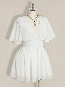 SHEIN ICON 大码V领荷叶边A字连衣裙，适合海滩度假、波西米亚风、嬉皮风、Y2K风格、夏季、情人节、优雅约会等场合。 - 白色 - 查看 5