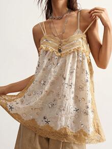 Bohemela Boho Vacation Casual Woven Fitted Camisole Top For Women White And Blue Floral Summer - Apricot - View 2