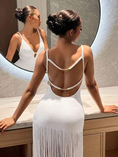 Slaydiva Đầm trắng không dây vai, cổ chữ V sâu, tay dài, trang trí dây thừng dệt, đính hạt kim loại, viền tua rua, thích hợp cho mùa hè, lễ hội âm nhạc, ngày Valentine, lễ Phục sinh, đám cưới, đi biển, nghỉ mát, trang phục thường ngày thanh lịch, trang phục dự tiệc mùa hè, tiệc bãi biển, du thuyền, hẹn hò hàng ngày, phong cách Y2K, gợi cảm cho phái nữ -A