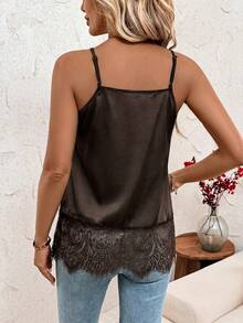 SHEIN Clasi Women's Solid Color Spaghetti Strap Lace Patchwork Sleeveless Tank Top, Summer - Coffee Brown - View 2