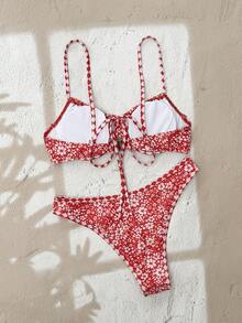 Swim Mod 女款復古甜美紅色花卉比基尼2件組，鋼圈支撐泳衣套裝，菱形肩帶與飾邊，夏季熱帶海灘度假泳衣 - 彩色 - 查看 2