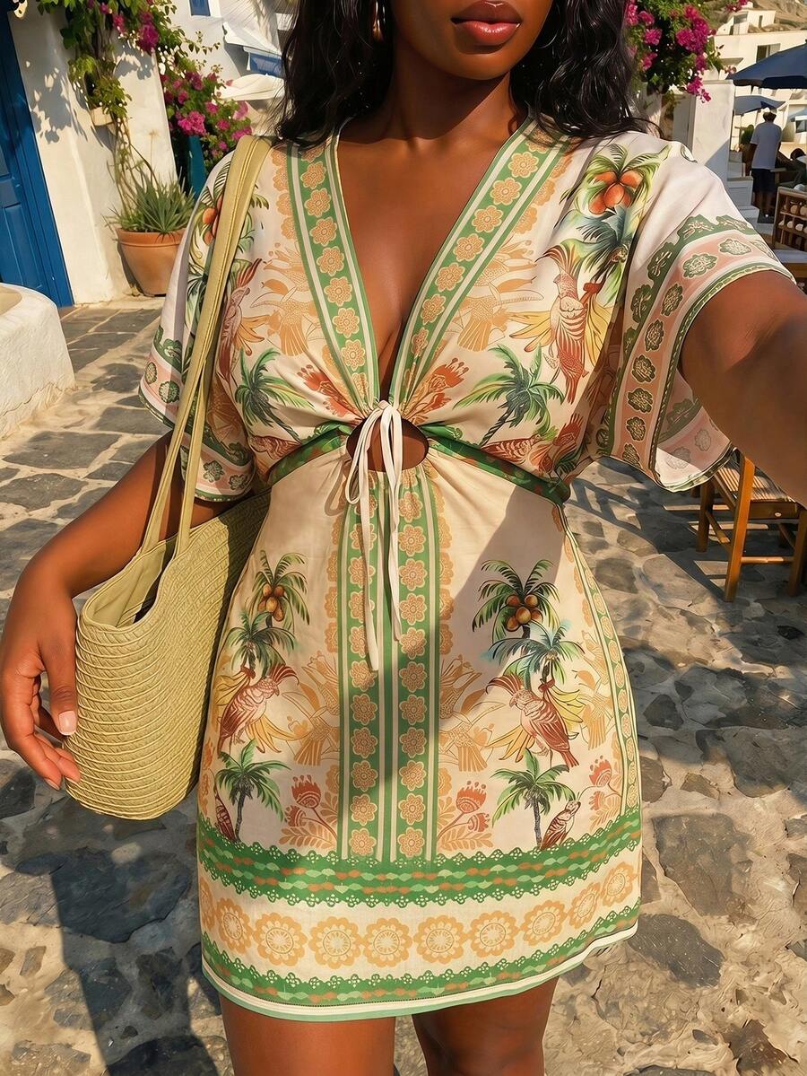 SHEIN SXY Plus Size Women Palm Tree Print Front Tie Batwing Sleeve Casual Dress - Multicolor - View 1