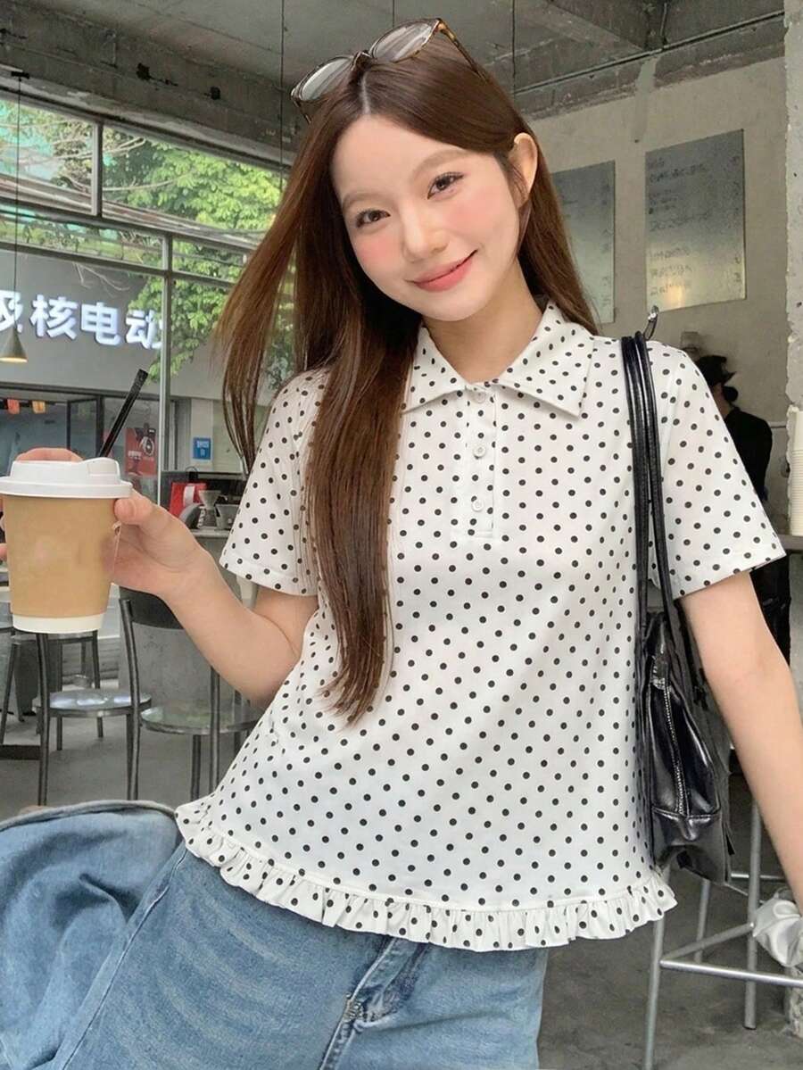 DAZY 女款波點印花翻領清新韓風襯衫 夏季 - 杏色 - 查看 1
