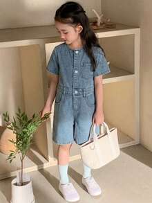 DAZY 女童秋季短袖牛仔連身褲 夏季 - 中等水洗藍 - 查看 4