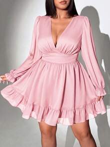 Viva Relle Plus Size Women Fashion Ruched Waist Ruched Hem Dress Fall - Baby Pink - View 1