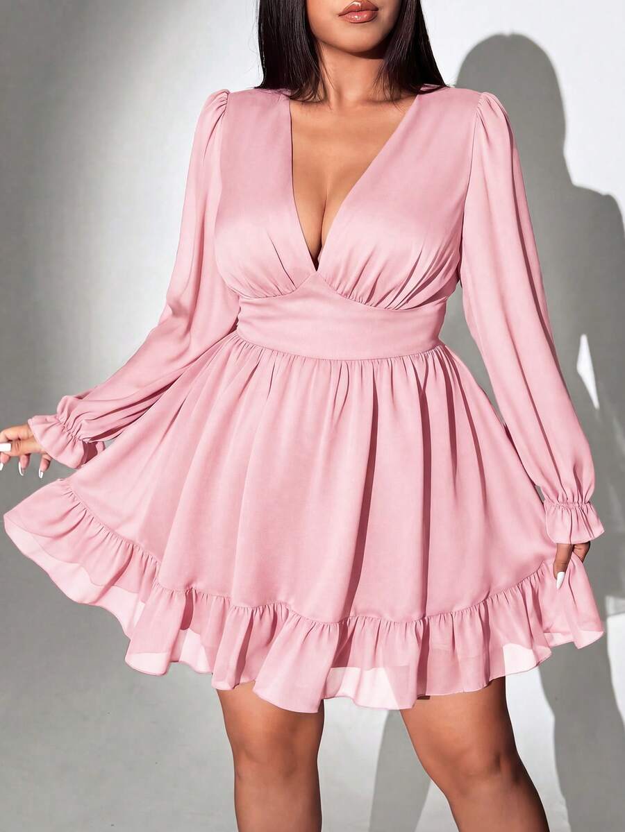 Viva Relle Plus Size Women Fashion Ruched Waist Ruched Hem Dress Fall - Baby Pink - View 1