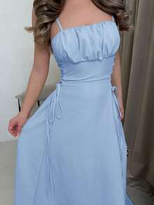 Vestido de mujer con tirantes en X de un solo color - Burdeos - Ver 3