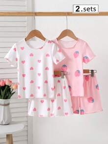 SHEIN 4 Peças Conjunto de Pijama Curto de Malha com Estampa de Morango e Coração para Meninas - Multicolorido - Visão 1