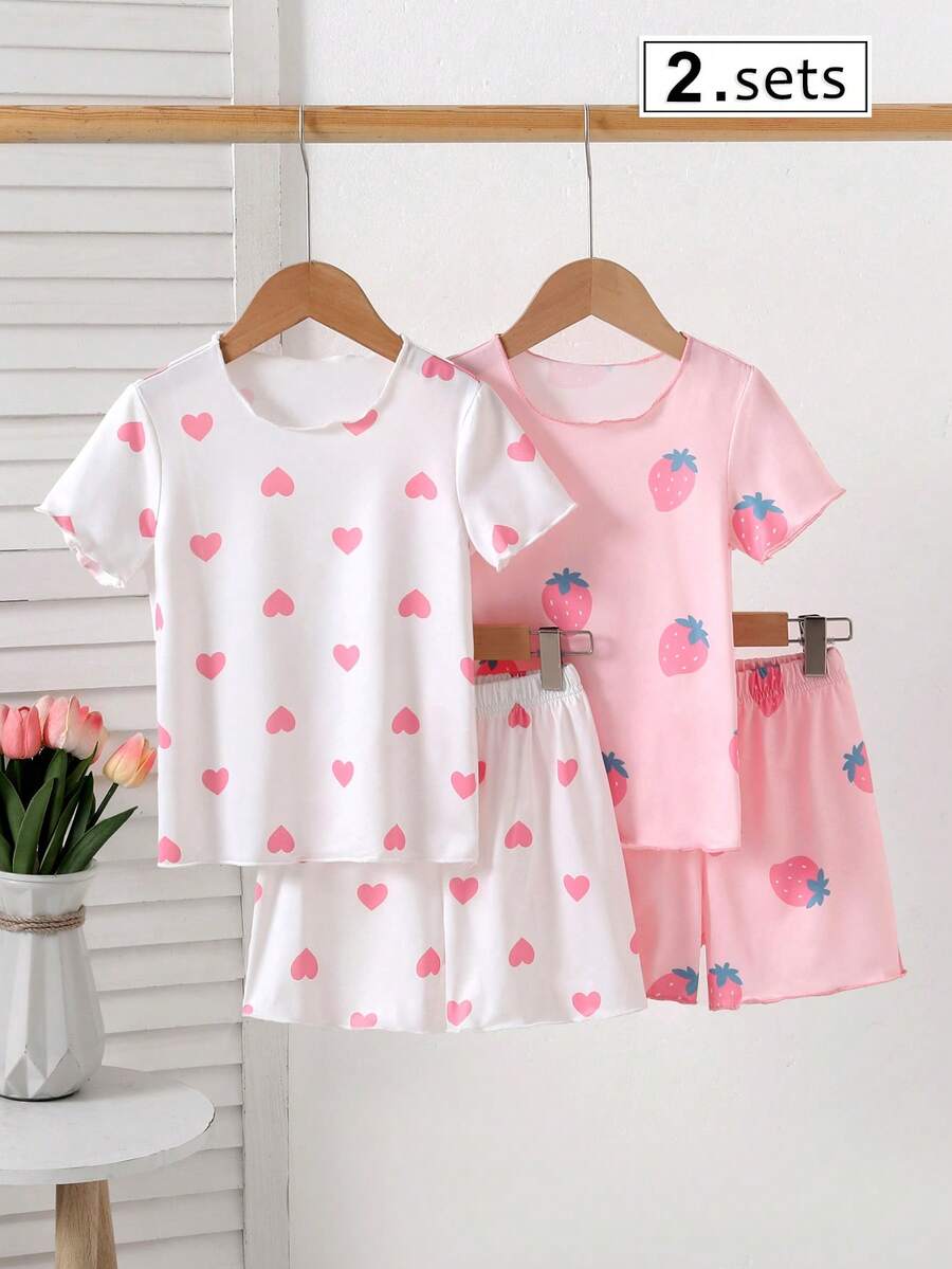 SHEIN 4 Peças Conjunto de Pijama Curto de Malha com Estampa de Morango e Coração para Meninas - Multicolorido - Visão 1