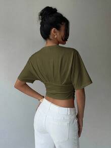 Aloruh Ivory Deep V Ruched Short Sleeve Tight Bottom Loose Top T-Shirt For Women,Summer Top - Army Green - View 2